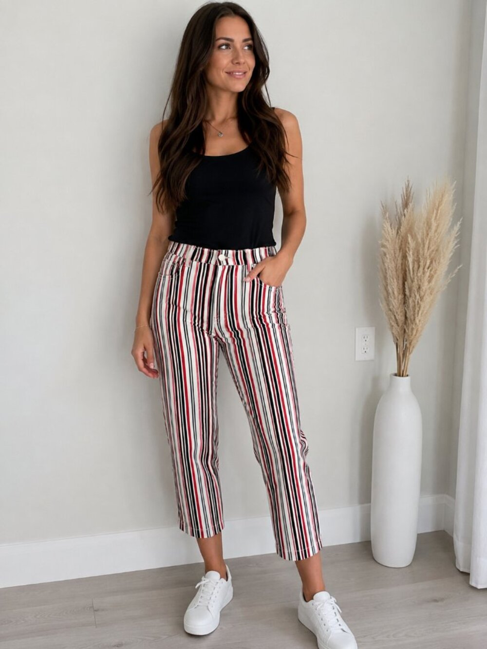 Vintage Stripe Cropped Pants Women’s High Rise Red Black White Ankle Pants